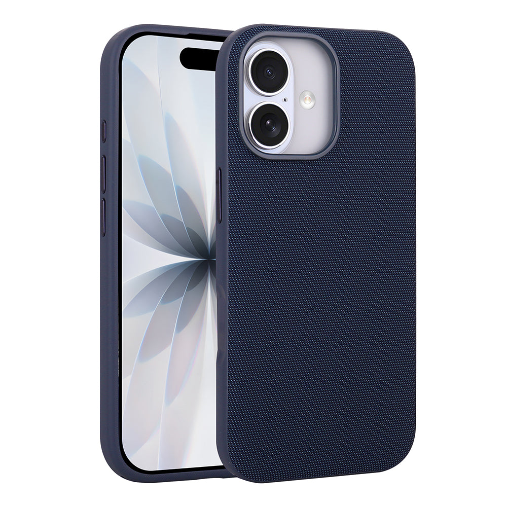 Apple iPhone 16 Kılıf M-Safe Şarj Özellikli Kumaş Tasarımlı Zore Miami Sert PC Kapak Lacivert