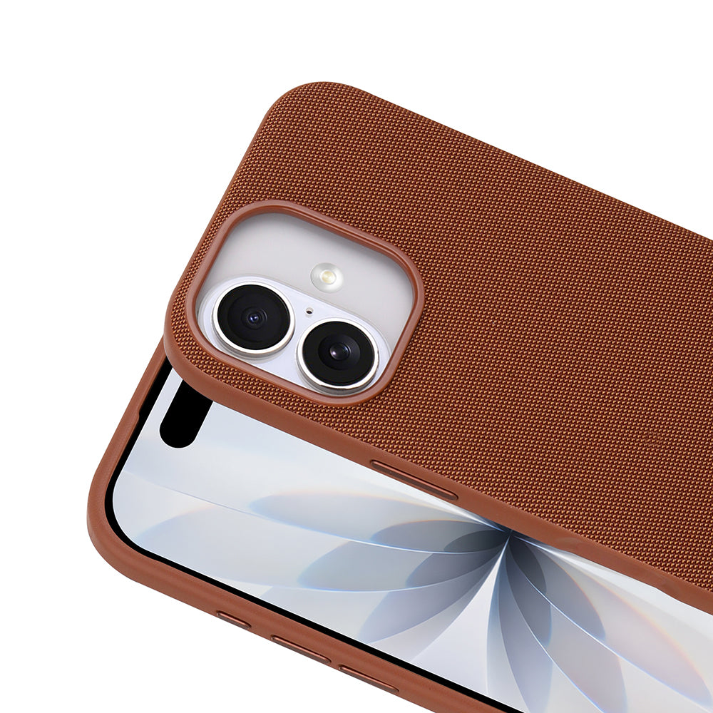 Apple iPhone 16 Kılıf M-Safe Şarj Özellikli Kumaş Tasarımlı Zore Miami Sert PC Kapak Kahverengi