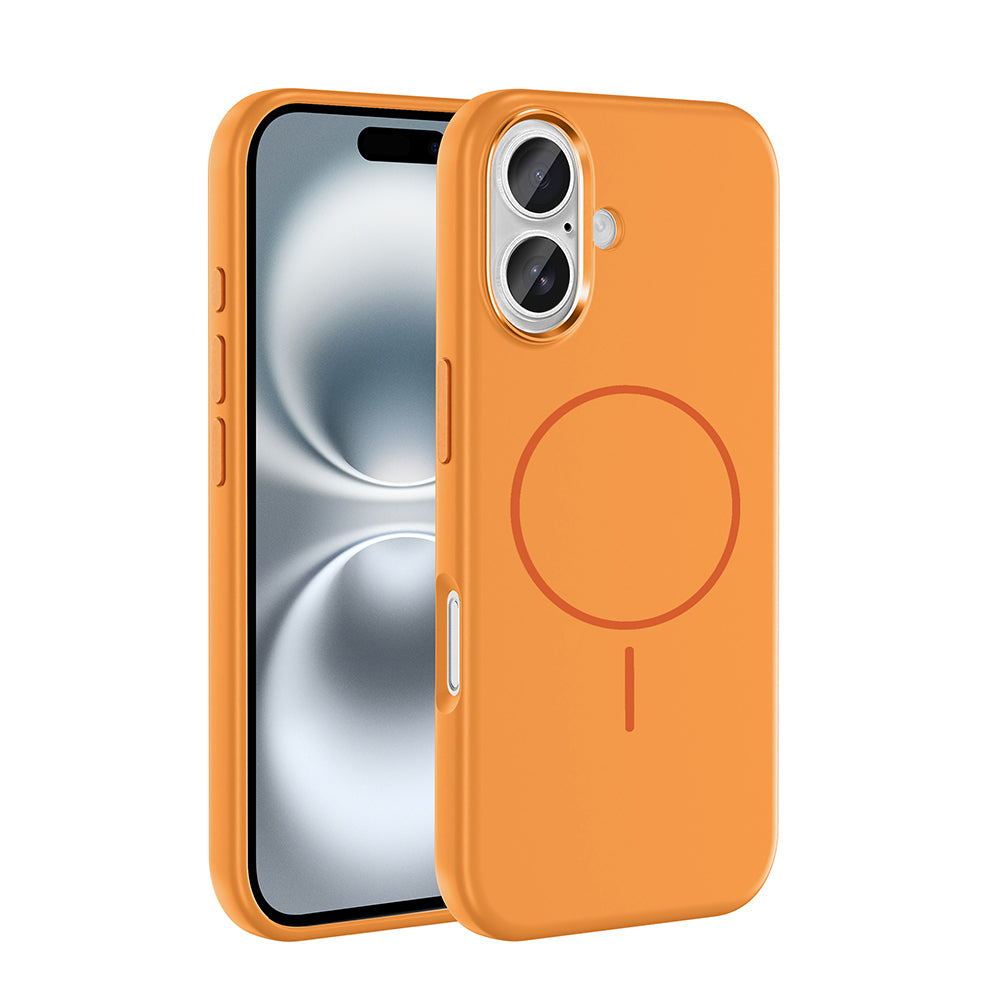 Apple iPhone 16 Kılıf M-Safe Şarj Özellikli Metal Kamera Çerçeveli Zore Edi Silikon Kapak Turuncu