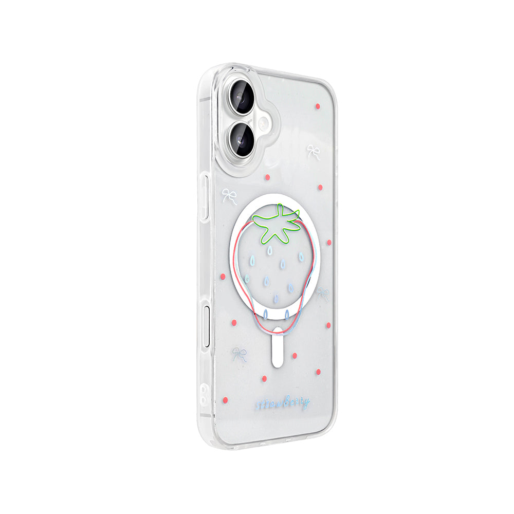 Apple iPhone 16 Kılıf M-Safe Şarj Özellikli Şeffaf Zore Folk Sert Kapak Çilek
