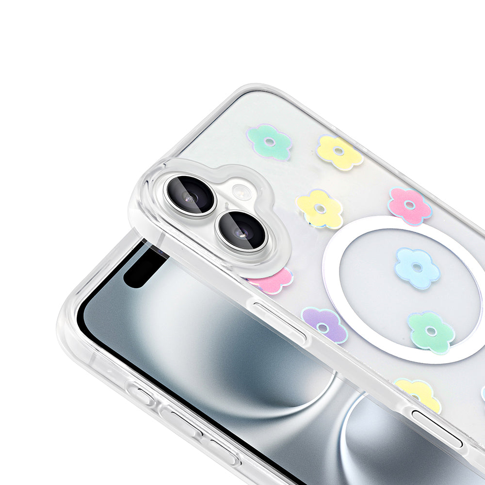 Apple iPhone 16 Kılıf M-Safe Şarj Özellikli Şeffaf Zore Folk Sert Kapak Papatya