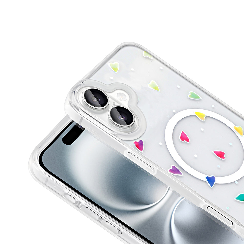 Apple iPhone 16 Kılıf M-Safe Şarj Özellikli Şeffaf Zore Folk Sert Kapak Kalp