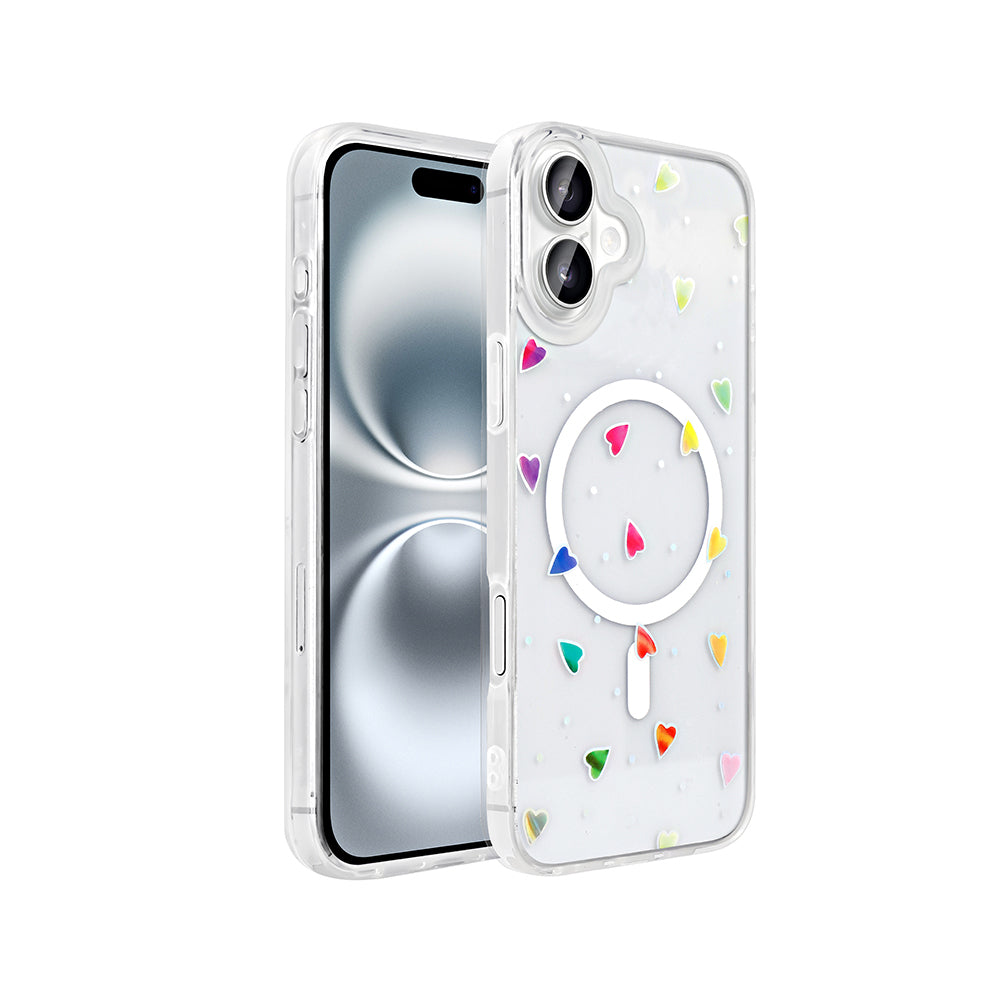 Apple iPhone 16 Kılıf M-Safe Şarj Özellikli Şeffaf Zore Folk Sert Kapak Kalp