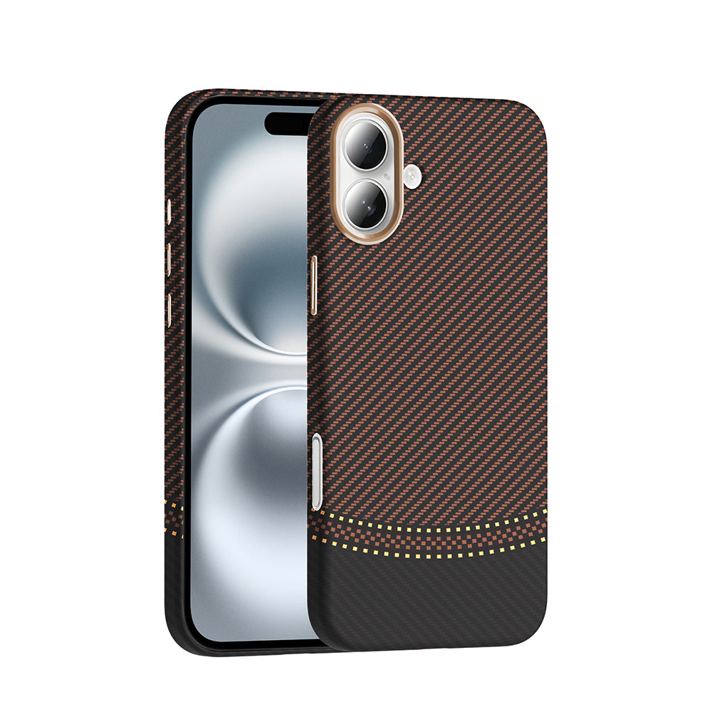 Apple iPhone 16 Kılıf M-safe Şarj Özellikli Karbon Fiber Görünümlü Zore Gros Kapak Gold-Siyah