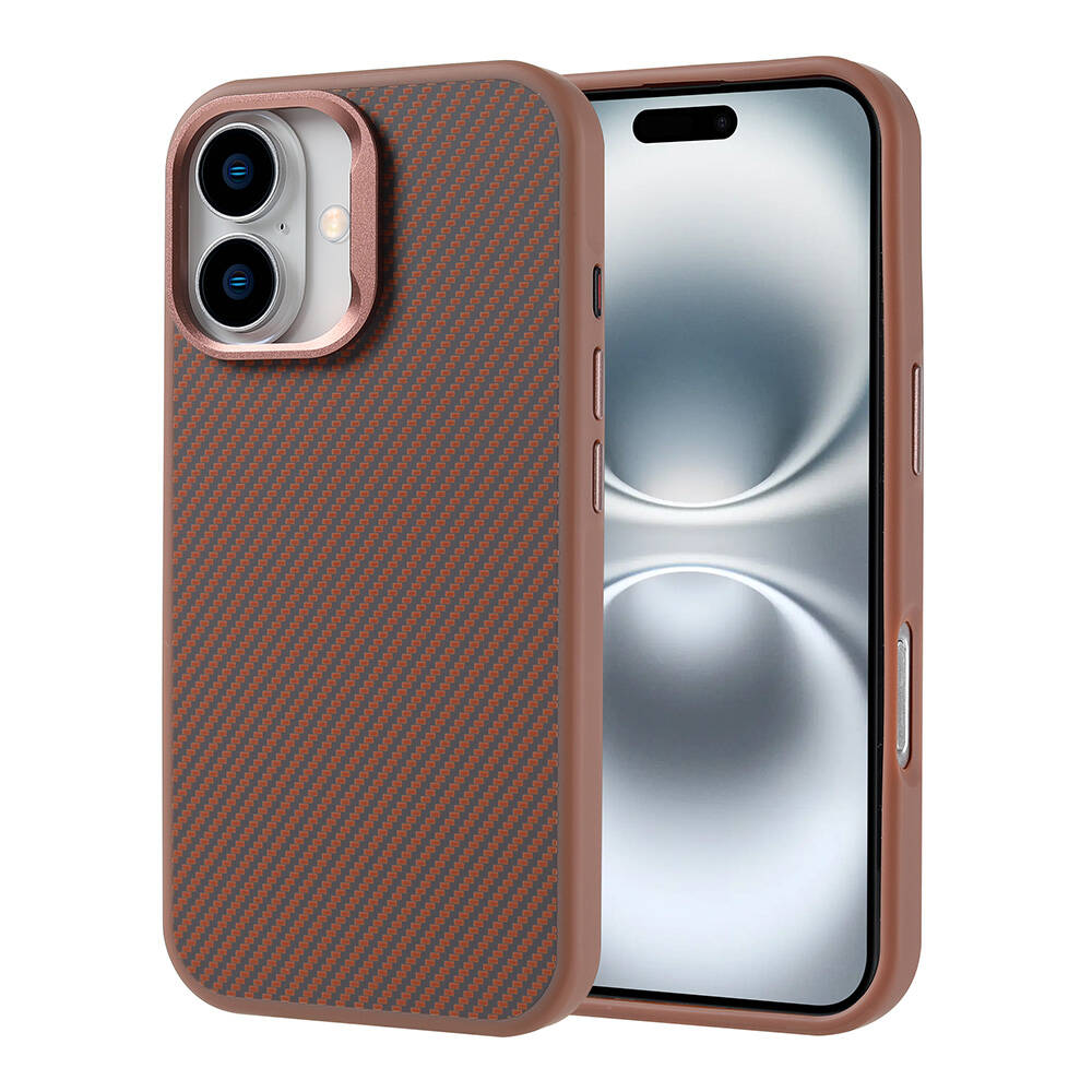 Apple iPhone 16 Kılıf M-safe Şarj Özellikli Karbon Fiber Görünümlü Zore Troy Kapak Desert Titanyum