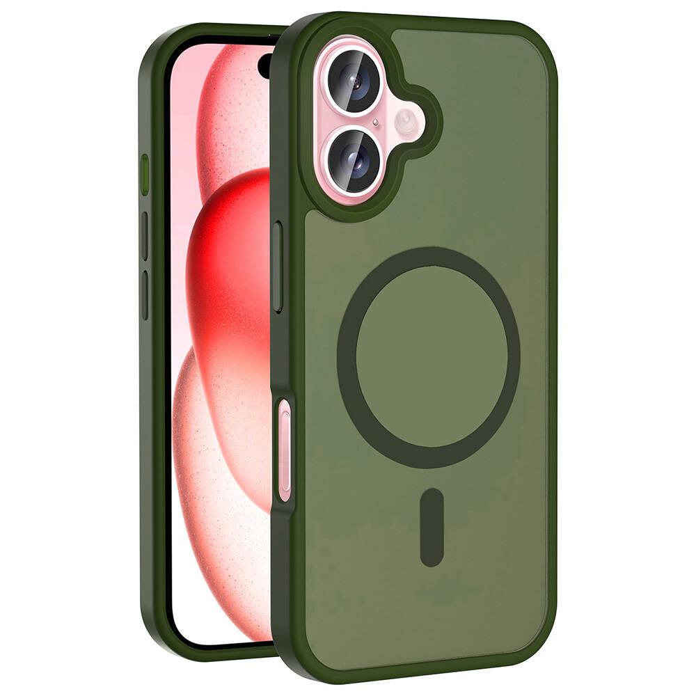 Apple iPhone 16 Kılıf M-safe Şarj Özellikli Mat Arka Yüzey Zore Sio Kapak Koyu Yeşil