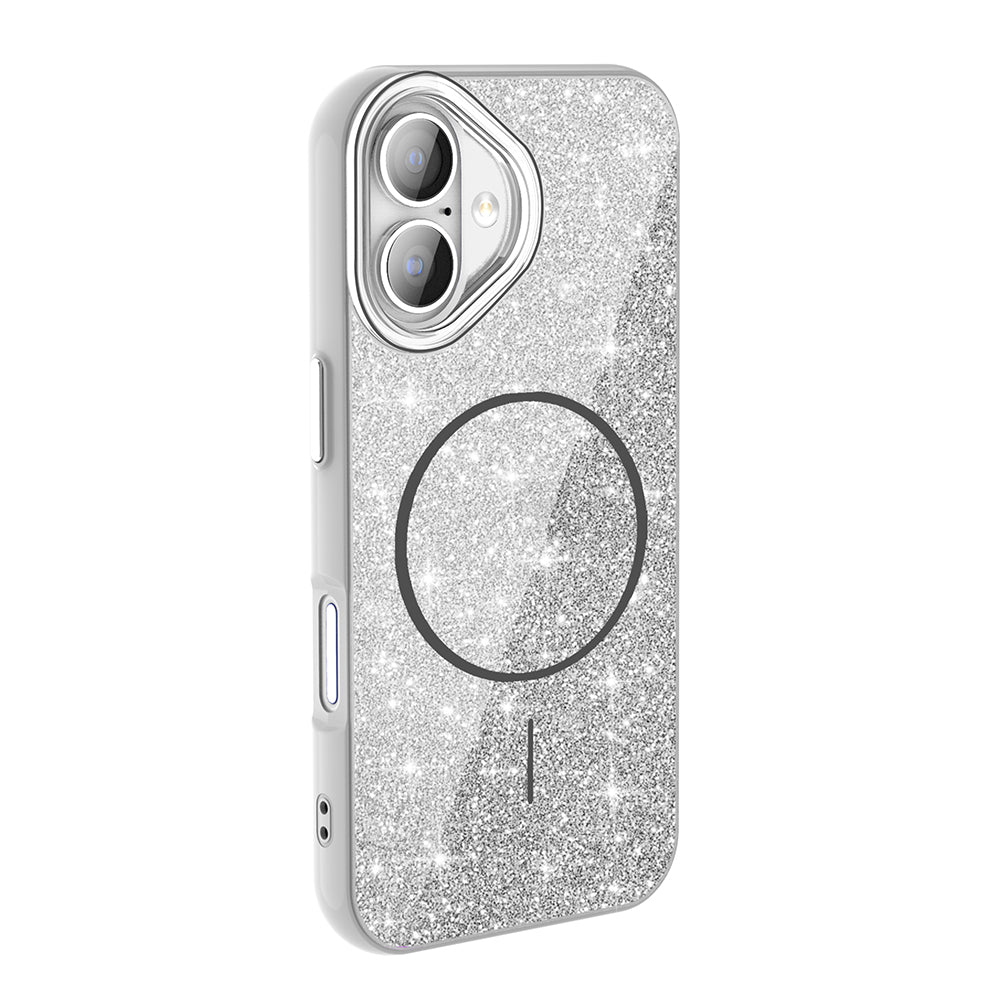 Apple iPhone 16 Kılıf M-safe Şarj Özellikli Parlayan Simli Zore Okso Kapak Beyaz