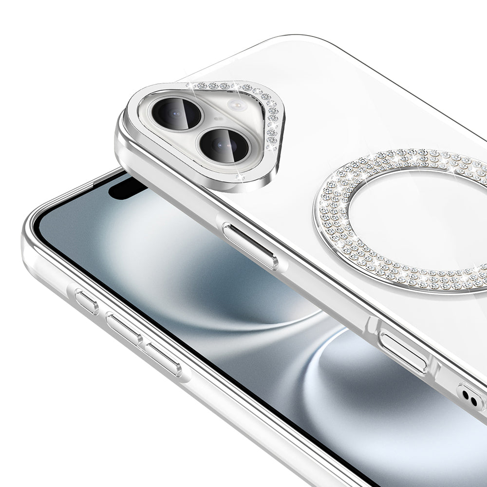 Apple iPhone 16 Kılıf Pırlanta Taş Tasarımlı M-safe Şarj Özellikli Zore Karetta Silikon Kapak Siyah