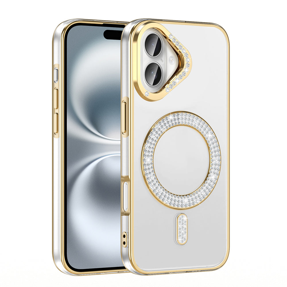 Apple iPhone 16 Kılıf Pırlanta Taş Tasarımlı M-safe Şarj Özellikli Zore Karetta Silikon Kapak Siyah