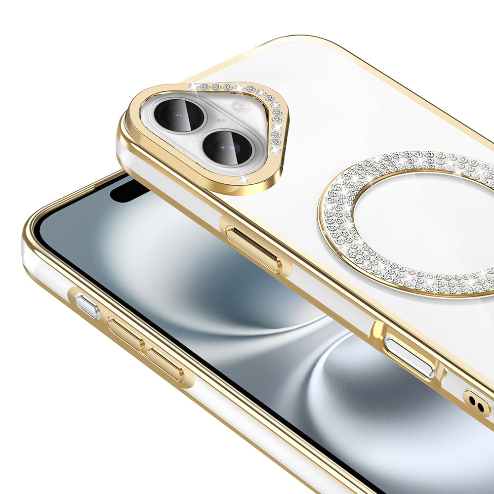 Apple iPhone 16 Kılıf Pırlanta Taş Tasarımlı M-safe Şarj Özellikli Zore Karetta Silikon Kapak Gold