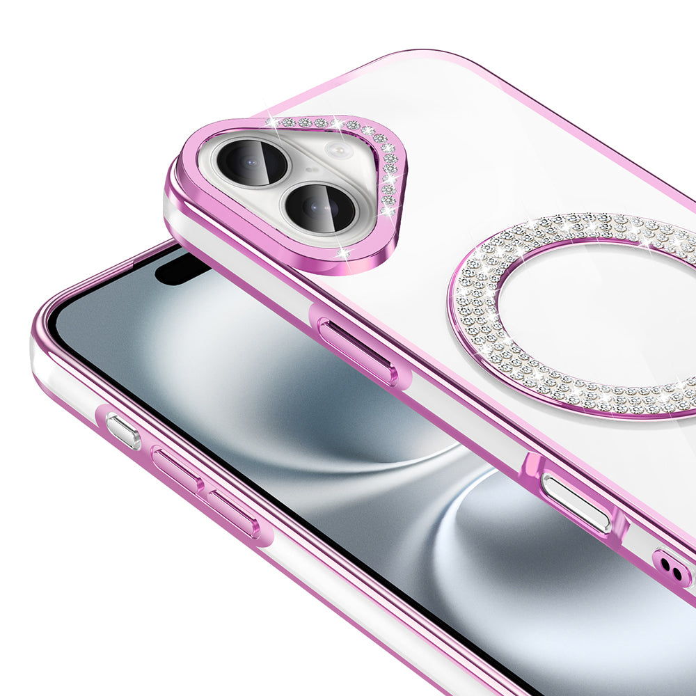 Apple iPhone 16 Kılıf Pırlanta Taş Tasarımlı M-safe Şarj Özellikli Zore Karetta Silikon Kapak Rose Gold