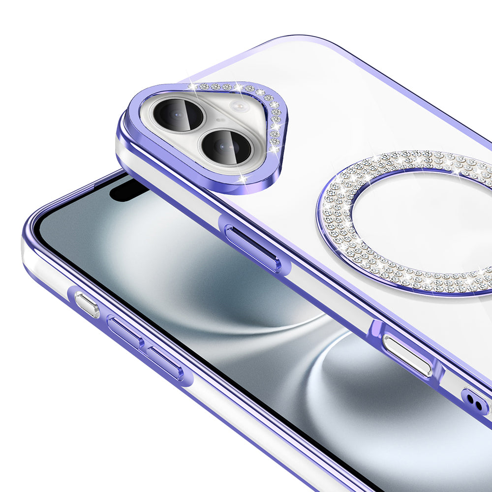 Apple iPhone 16 Kılıf Pırlanta Taş Tasarımlı M-safe Şarj Özellikli Zore Karetta Silikon Kapak Gümüş