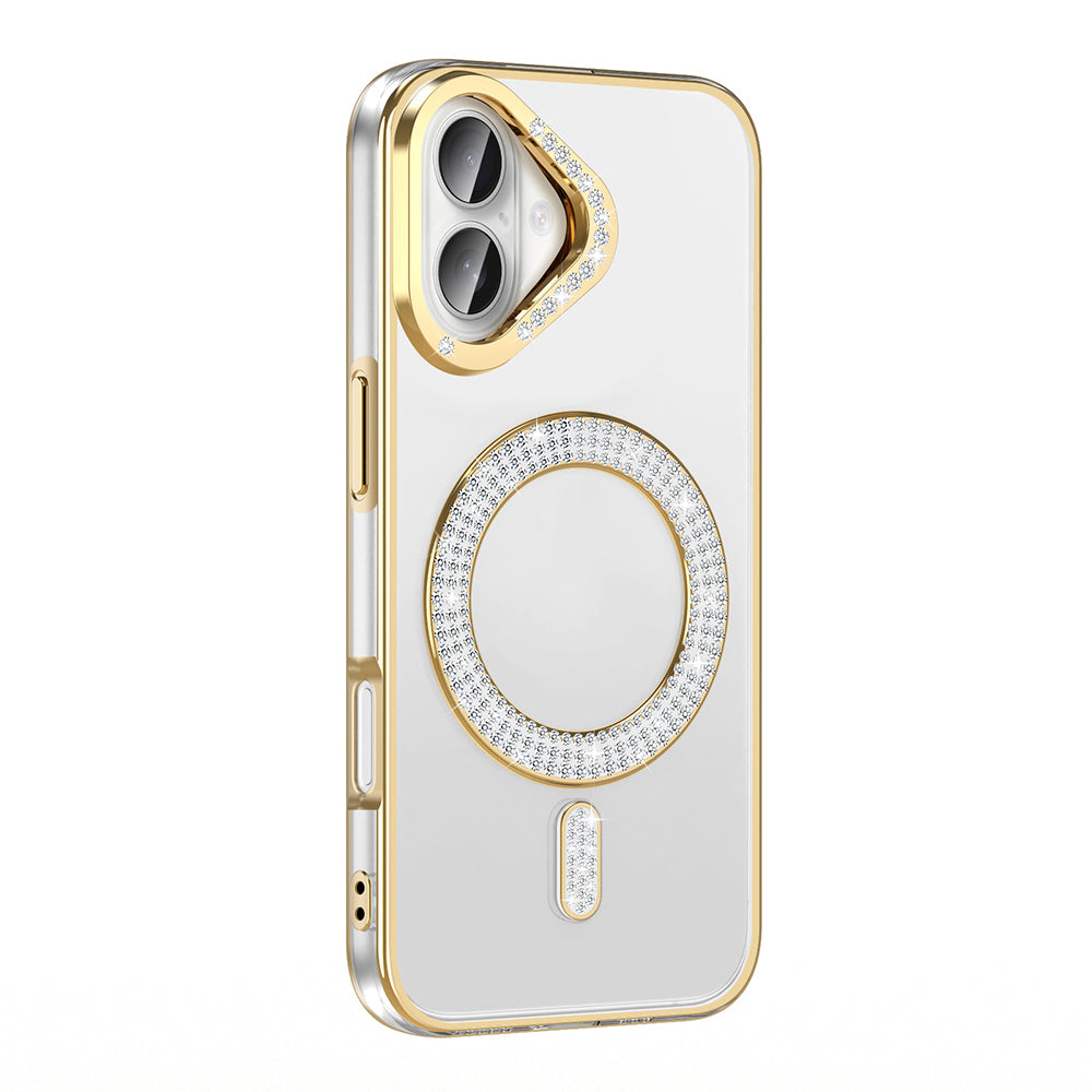Apple iPhone 16 Kılıf Pırlanta Taş Tasarımlı M-safe Şarj Özellikli Zore Karetta Silikon Kapak Gold