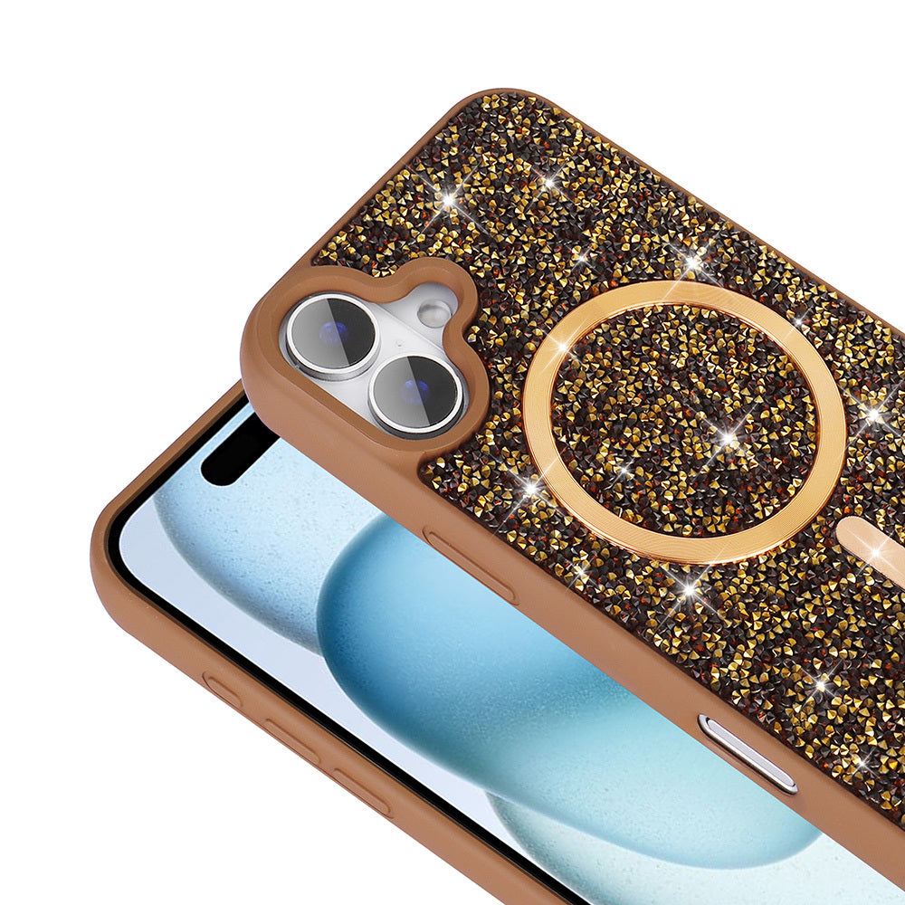 Apple iPhone 16 Kılıf Pırlanta Tasarımlı M-safe Şarj Özellikli Zore Mozaik Silikon Kapak Desert Titanyum