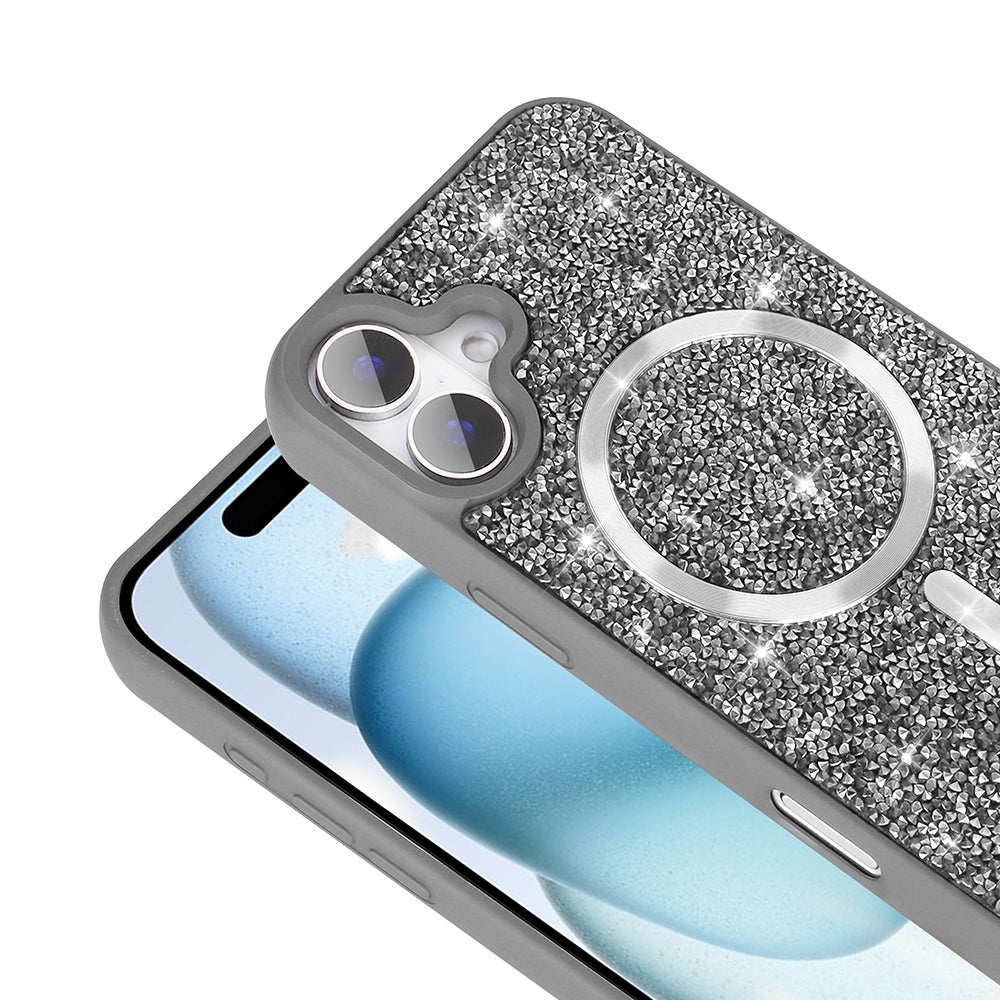 Apple iPhone 16 Kılıf Pırlanta Tasarımlı M-safe Şarj Özellikli Zore Mozaik Silikon Kapak Siyah