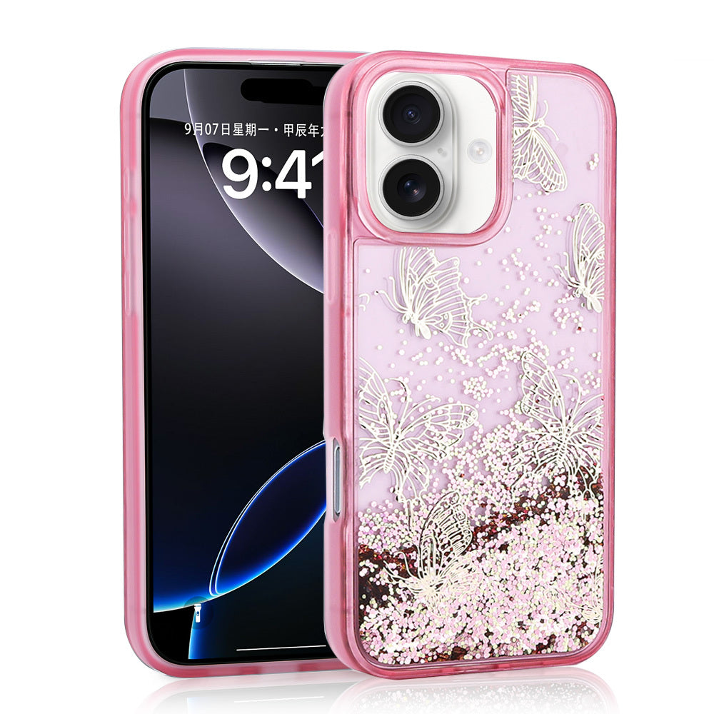 Apple iPhone 16 Kılıf Sıvılı Simli Kelebek Baskılı Şeffaf Arka Yüzey Zore Glis Silikon Kapak Pembe
