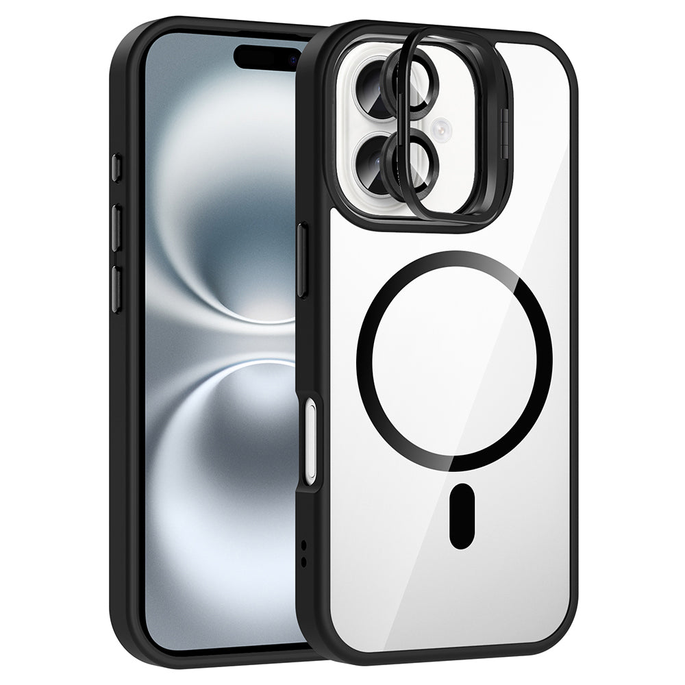 Apple iPhone 16 Kılıf Standlı ve Kamera Lens Hediyeli M-Safe Şarj Özellikli Zore Etro Kapak Lacivert