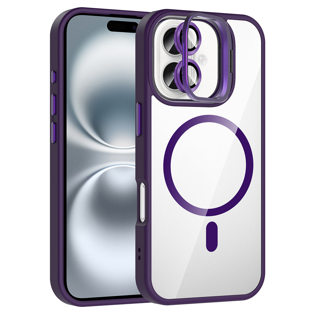 Apple iPhone 16 Kılıf Standlı ve Kamera Lens Hediyeli M-Safe Şarj Özellikli Zore Etro Kapak Derin Mor