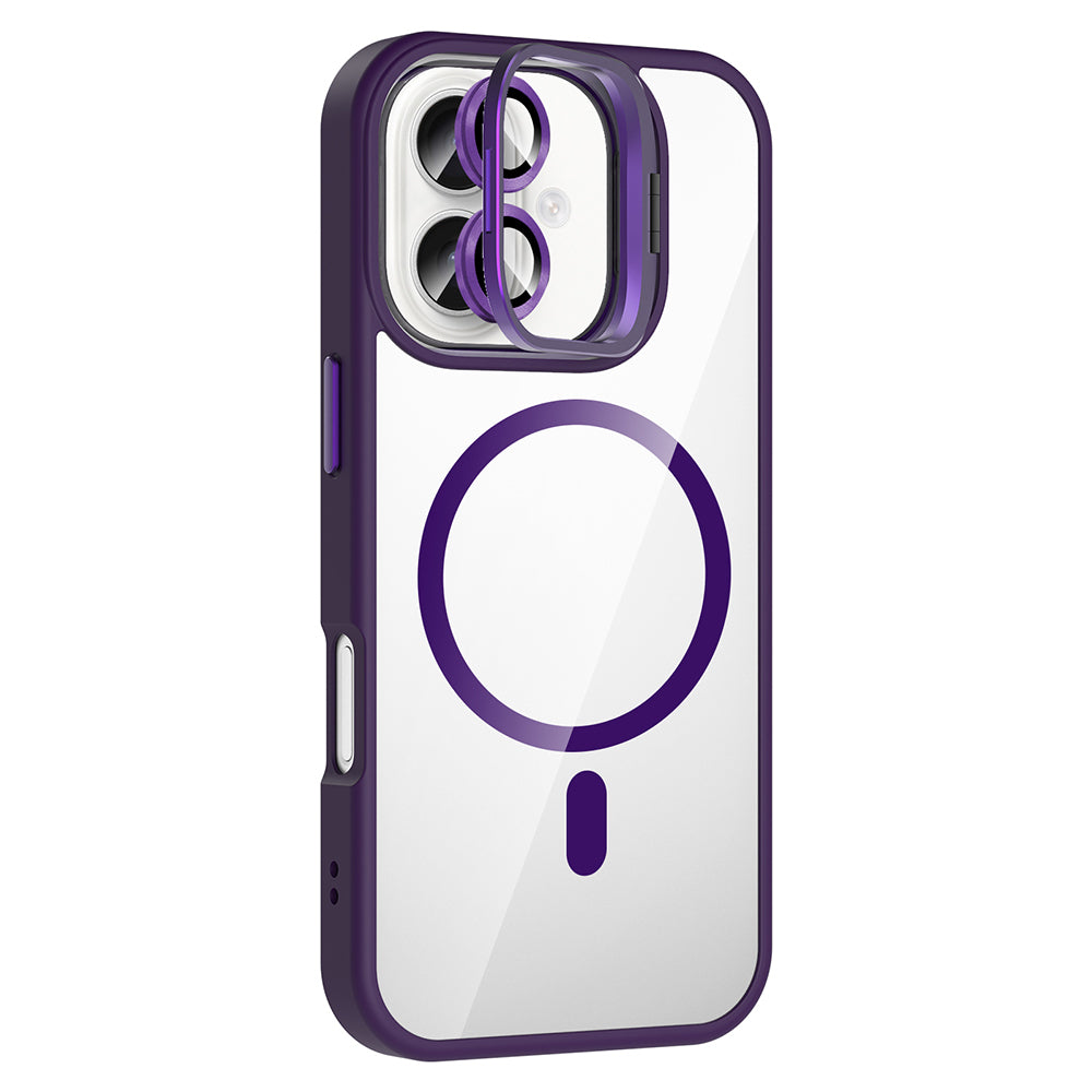 Apple iPhone 16 Kılıf Standlı ve Kamera Lens Hediyeli M-Safe Şarj Özellikli Zore Etro Kapak Gri