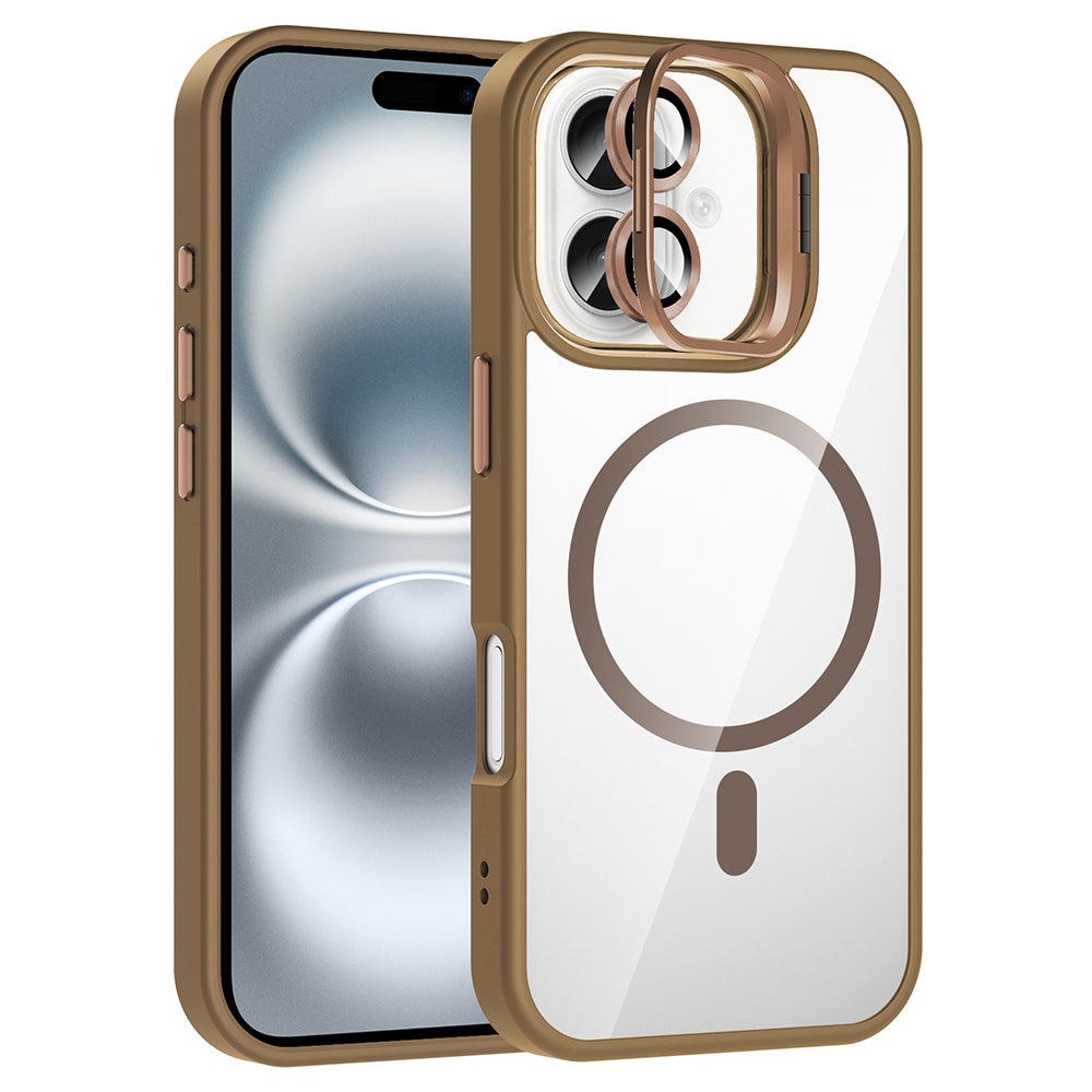 Apple iPhone 16 Kılıf Standlı ve Kamera Lens Hediyeli M-Safe Şarj Özellikli Zore Etro Kapak Desert Titanyum