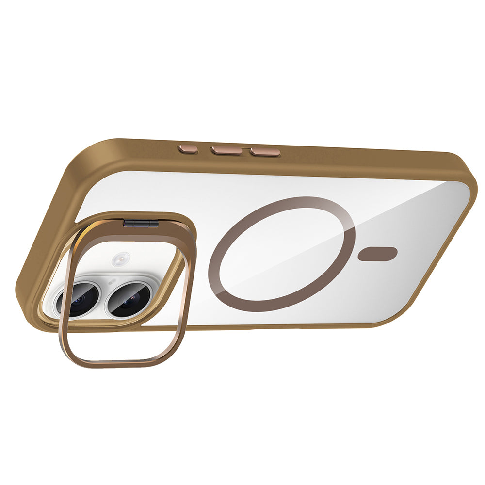 Apple iPhone 16 Kılıf Standlı ve Kamera Lens Hediyeli M-Safe Şarj Özellikli Zore Etro Kapak Pembe
