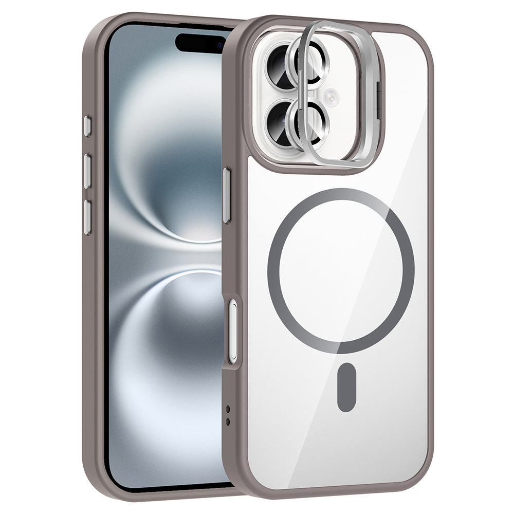 Apple iPhone 16 Kılıf Standlı ve Kamera Lens Hediyeli M-Safe Şarj Özellikli Zore Etro Kapak Gri