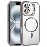 Apple iPhone 16 Kılıf Standlı ve Kamera Lens Hediyeli M-Safe Şarj Özellikli Zore Etro Kapak Gri