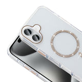 Apple iPhone 16 Kılıf Taşlı Tasarım M-safe Şarj Özellikli Zore Koment Silikon Kapak Gümüş