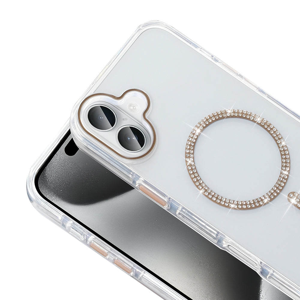 Apple iPhone 16 Kılıf Taşlı Tasarım M-safe Şarj Özellikli Zore Koment Silikon Kapak Gold