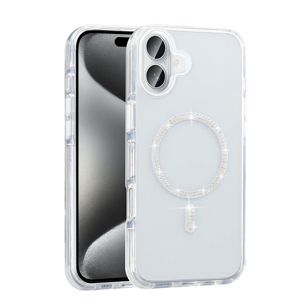 Apple iPhone 16 Kılıf Taşlı Tasarım M-safe Şarj Özellikli Zore Koment Silikon Kapak Gümüş