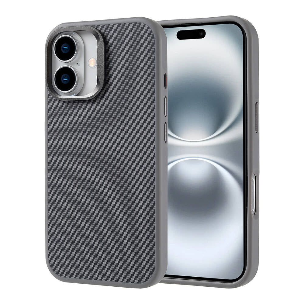 Apple iPhone 16 Plus Kılıf M-safe Şarj Özellikli Karbon Fiber Görünümlü Zore Troy Kapak Gümüş
