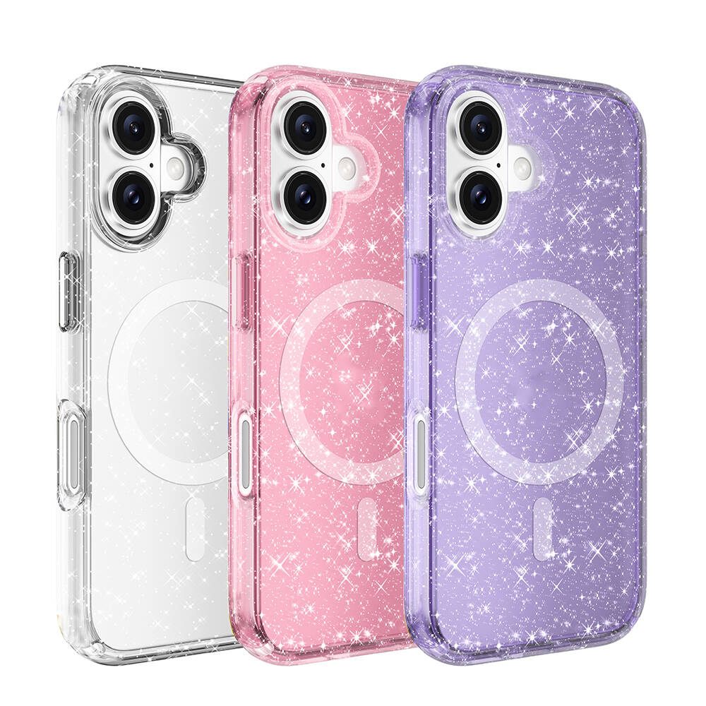 Apple iPhone 16 Plus Kılıf M-safe Şarj Özellikli Parlayan Simli Saydam Renkli Zore Allstar Kapak Mor