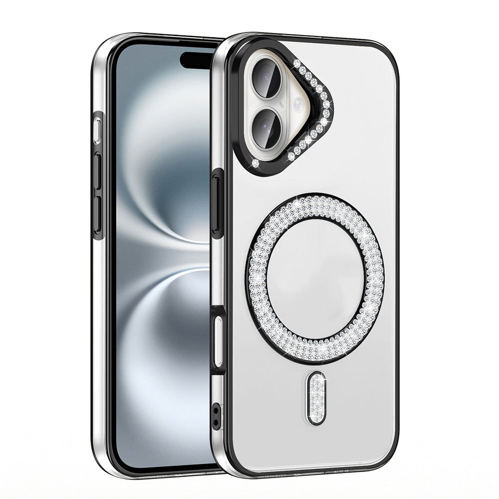 Apple iPhone 16 Plus Kılıf Pırlanta Taş Tasarımlı M-safe Şarj Özellikli Zore Karetta Silikon Kapak Gümüş