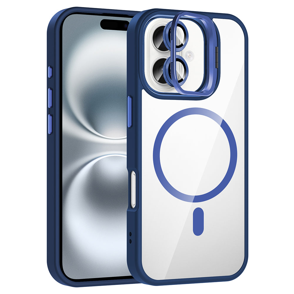 Apple iPhone 16 Plus Kılıf Standlı ve Kamera Lens Hediyeli M-Safe Şarj Özellikli Zore Etro Kapak Lacivert