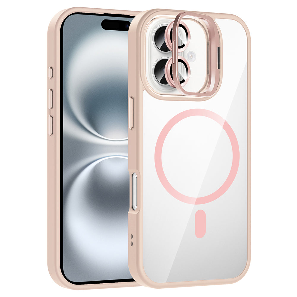 Apple iPhone 16 Plus Kılıf Standlı ve Kamera Lens Hediyeli M-Safe Şarj Özellikli Zore Etro Kapak Pembe