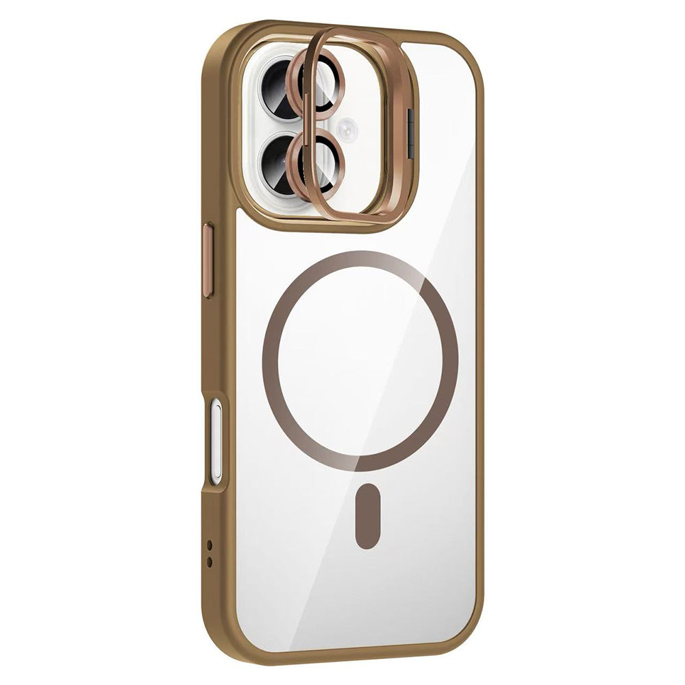Apple iPhone 16 Plus Kılıf Standlı ve Kamera Lens Hediyeli M-Safe Şarj Özellikli Zore Etro Kapak Gri