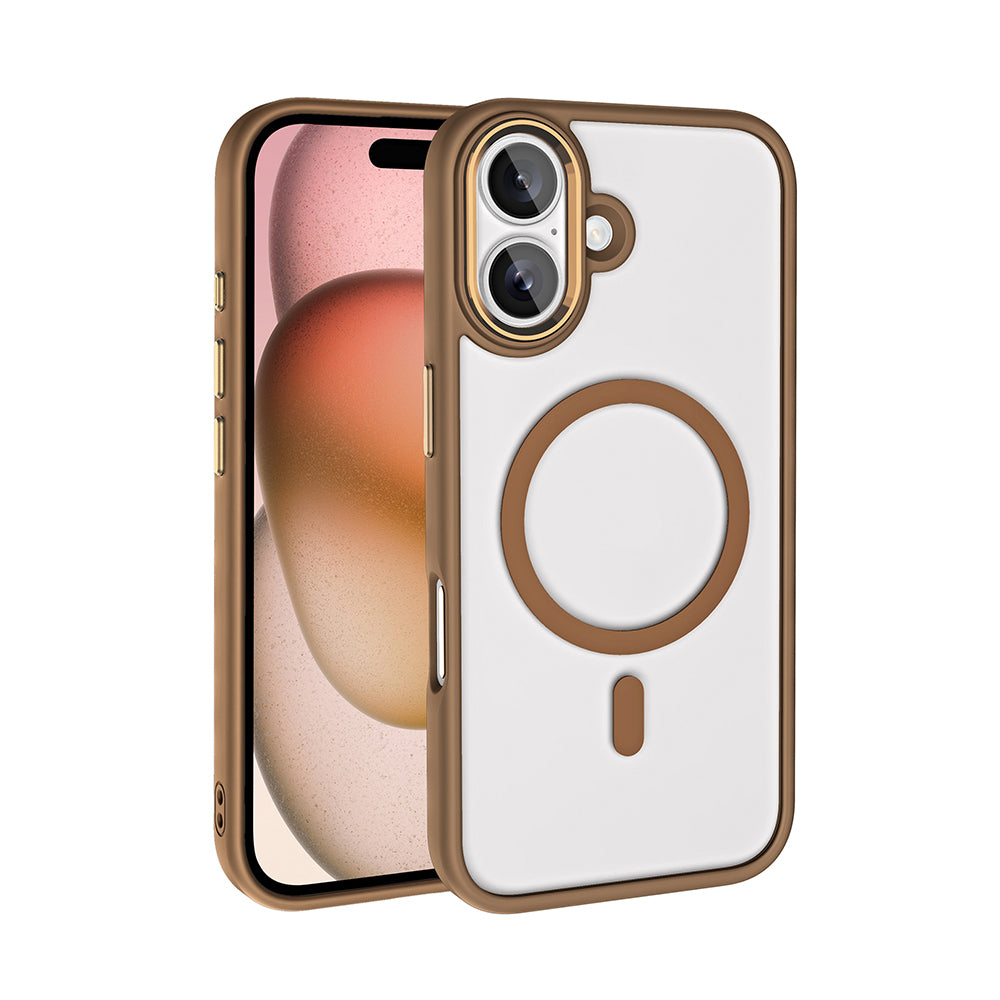Apple iPhone 16 Plus Kılıf Wireless Şarj Özellikli Zore Krom M-safe Silikon Kapak Rose Brown