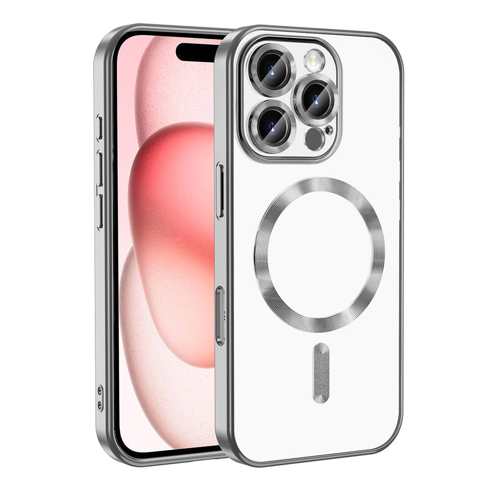 Apple iPhone 16 Pro Kılıf Kamera Korumalı M-safe Wireless Şarj Özellikli Zore Demre Kapak Gümüş