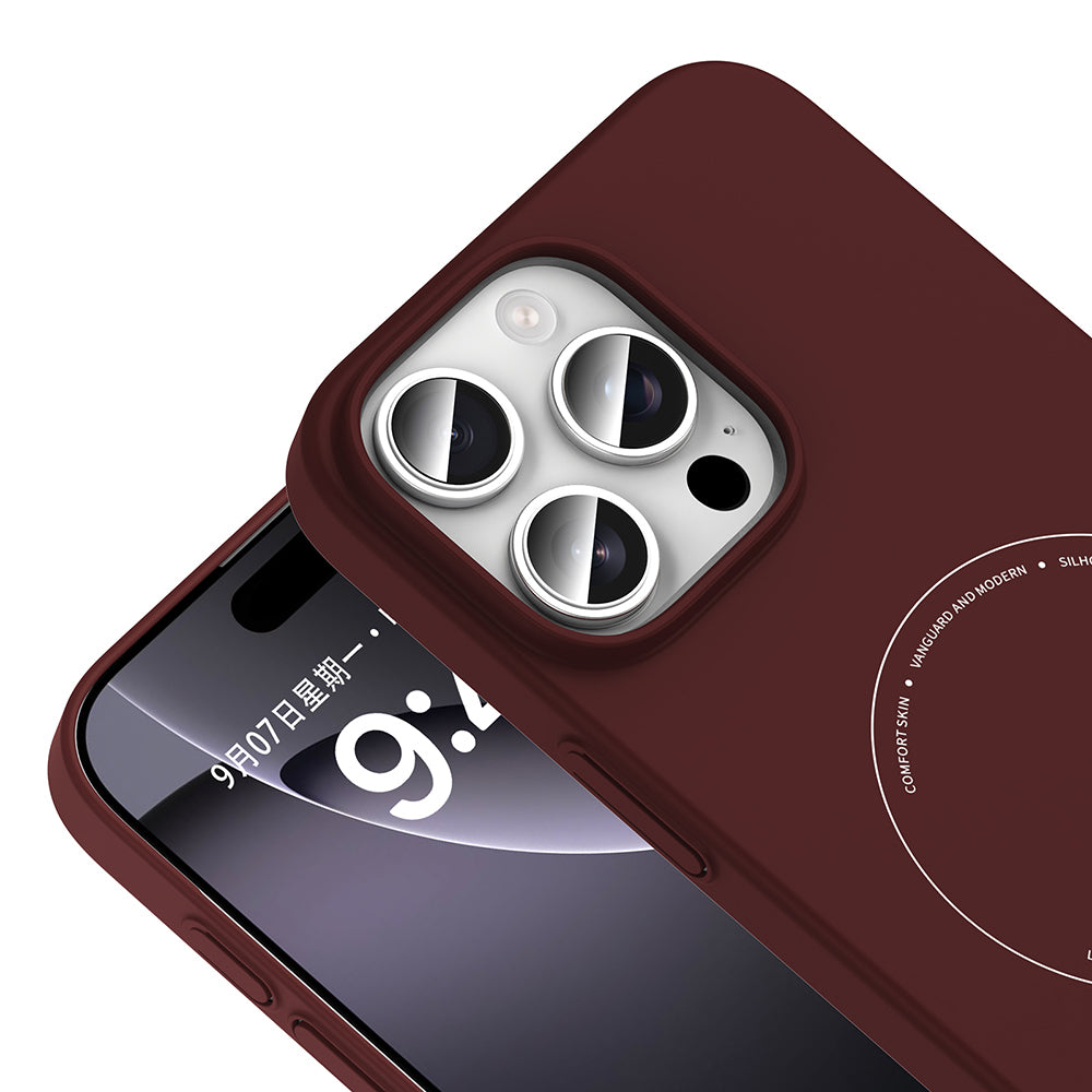 Apple iPhone 16 Pro Kılıf M-Safe Şarj Özellikli Kamera Korumalı Zore Elio Sert PC Kapak Bordo