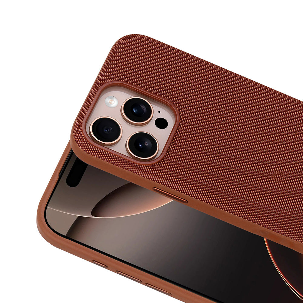 Apple iPhone 16 Pro Kılıf M-Safe Şarj Özellikli Kumaş Tasarımlı Zore Miami Sert PC Kapak Kahverengi