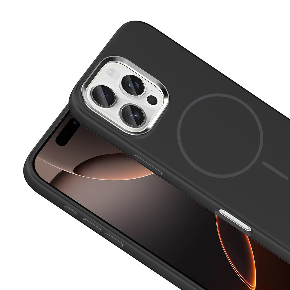 Apple iPhone 16 Pro Kılıf M-Safe Şarj Özellikli Metal Kamera Çerçeveli Zore Edi Silikon Kapak Siyah