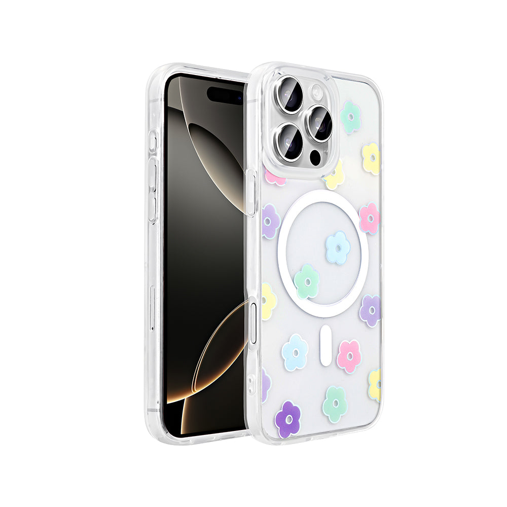 Apple iPhone 16 Pro Kılıf M-Safe Şarj Özellikli Şeffaf Zore Folk Sert Kapak Papatya