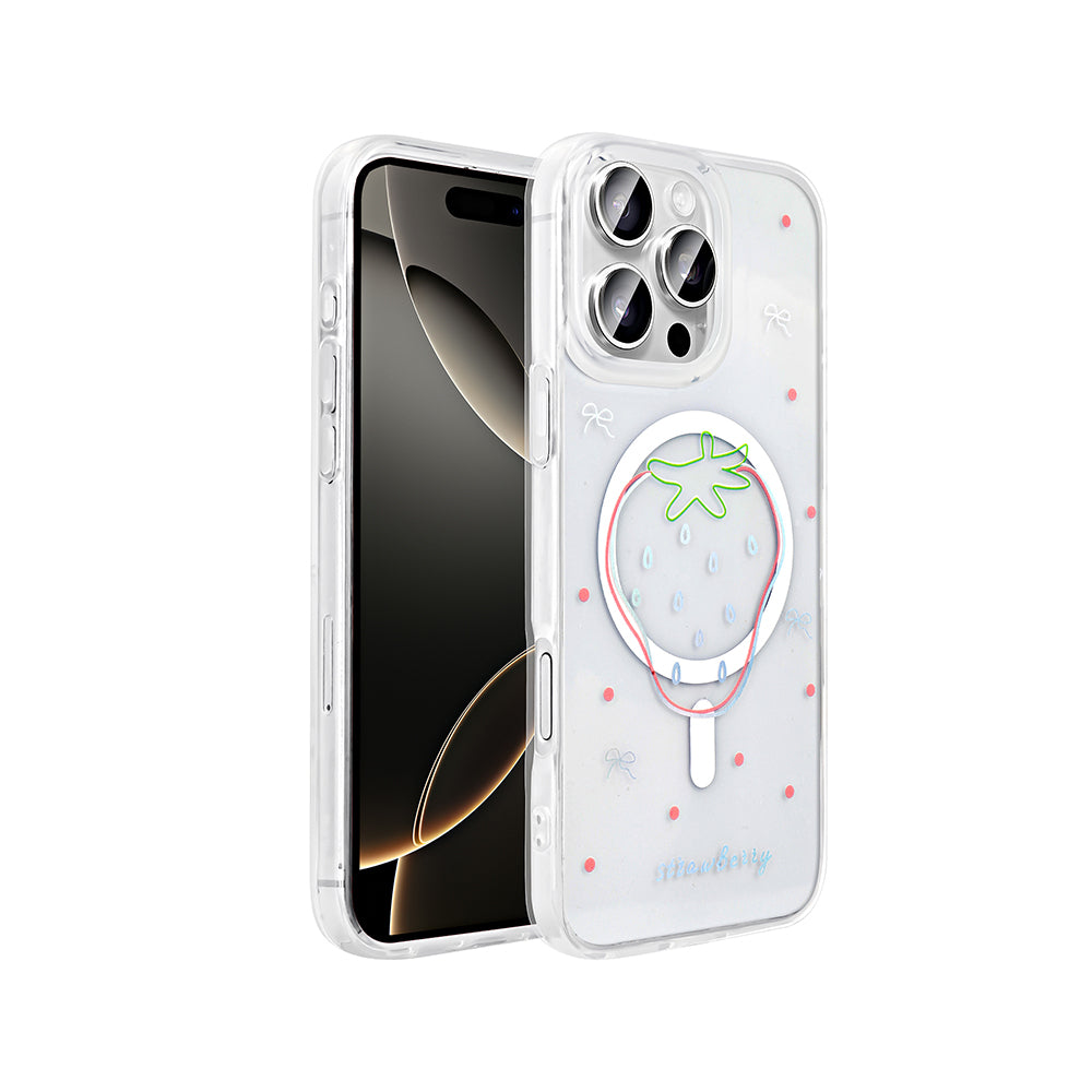 Apple iPhone 16 Pro Kılıf M-Safe Şarj Özellikli Şeffaf Zore Folk Sert Kapak Çilek