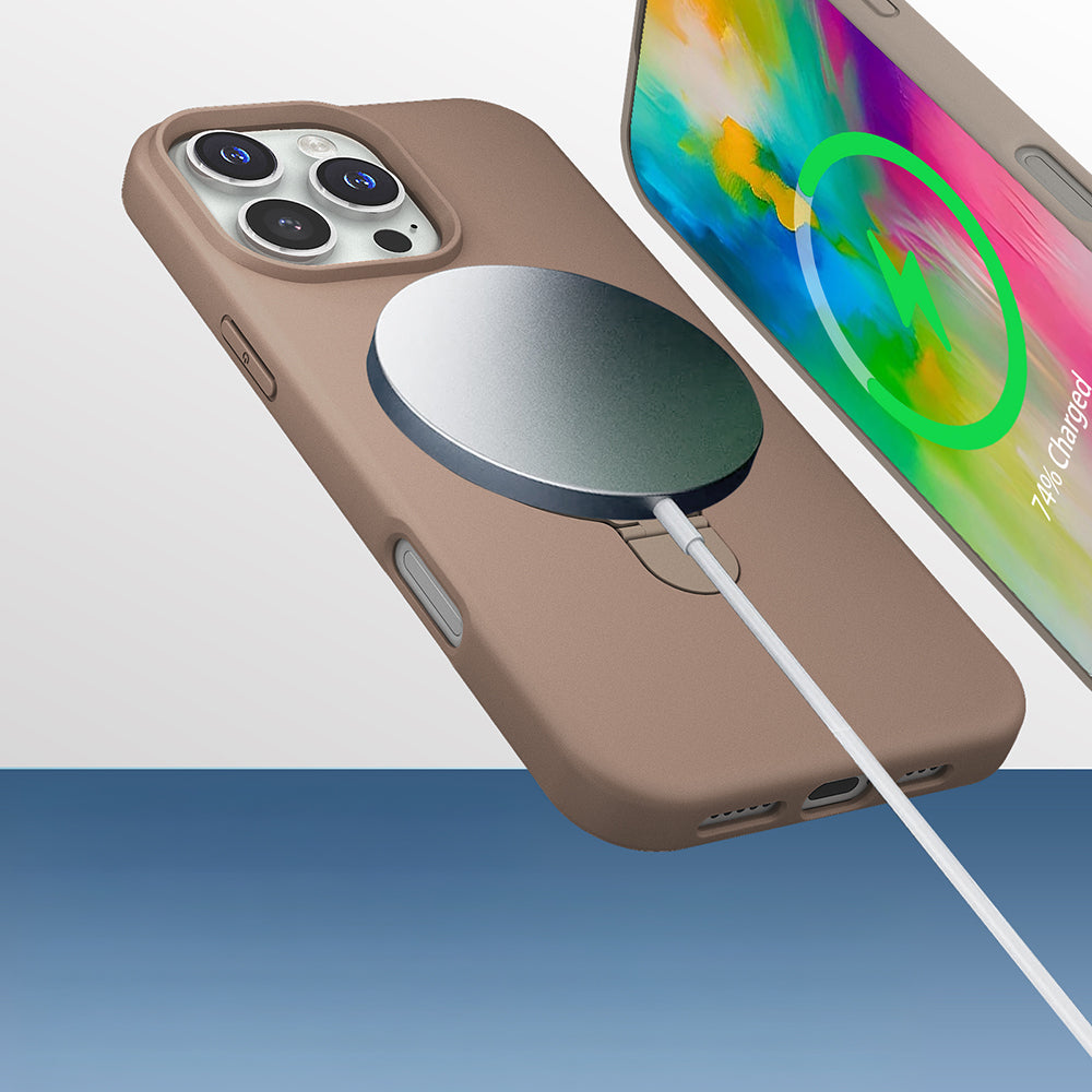 Apple iPhone 16 Pro Kılıf M-safe Şarj Özellikli Standlı Zore Samara Kapak Desert Gold