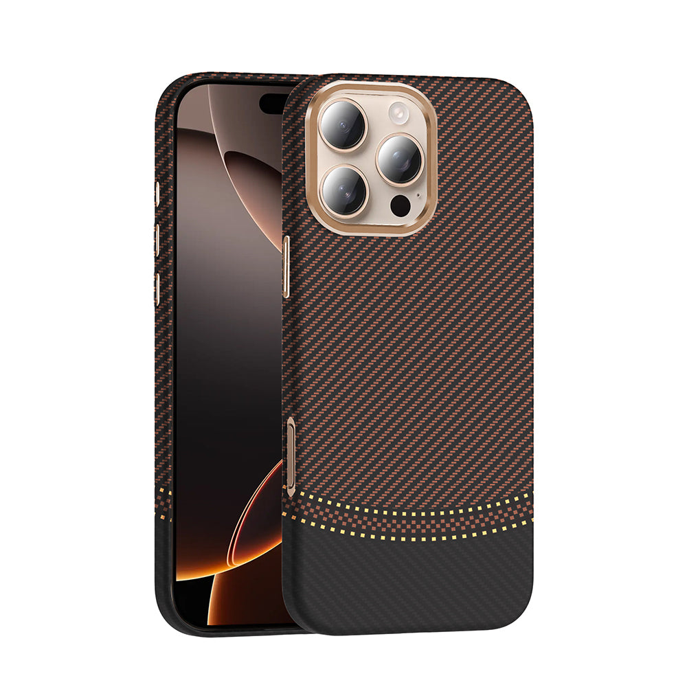 Apple iPhone 16 Pro Kılıf M-safe Şarj Özellikli Karbon Fiber Görünümlü Zore Gros Kapak Gold-Siyah
