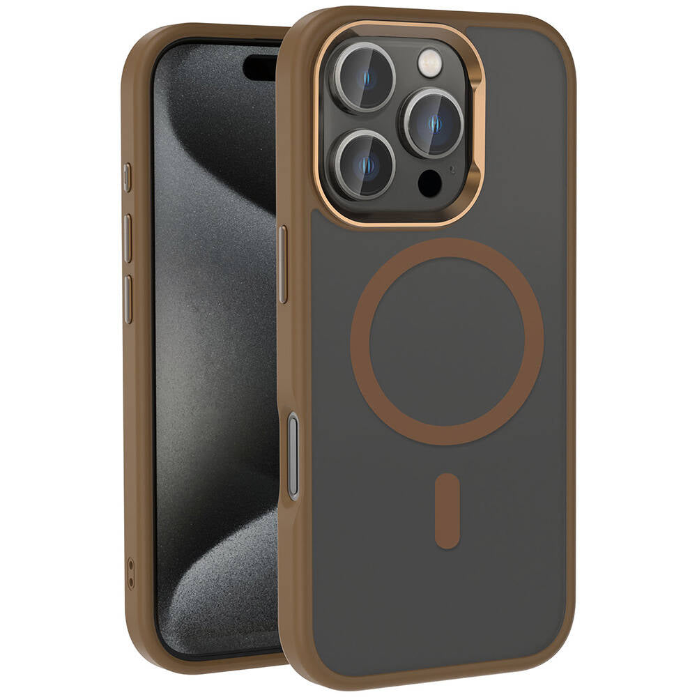 Apple iPhone 16 Pro Kılıf M-safe Şarj Özellikli Parlak Kamera Çerçeveli Zore Kost Kapak Rose Brown