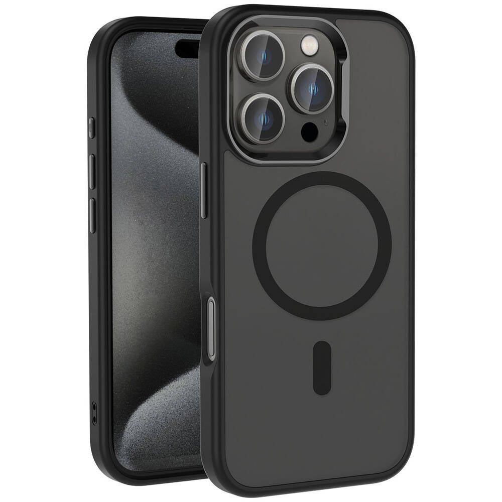 Apple iPhone 16 Pro Kılıf M-safe Şarj Özellikli Parlak Kamera Çerçeveli Zore Kost Kapak Siyah