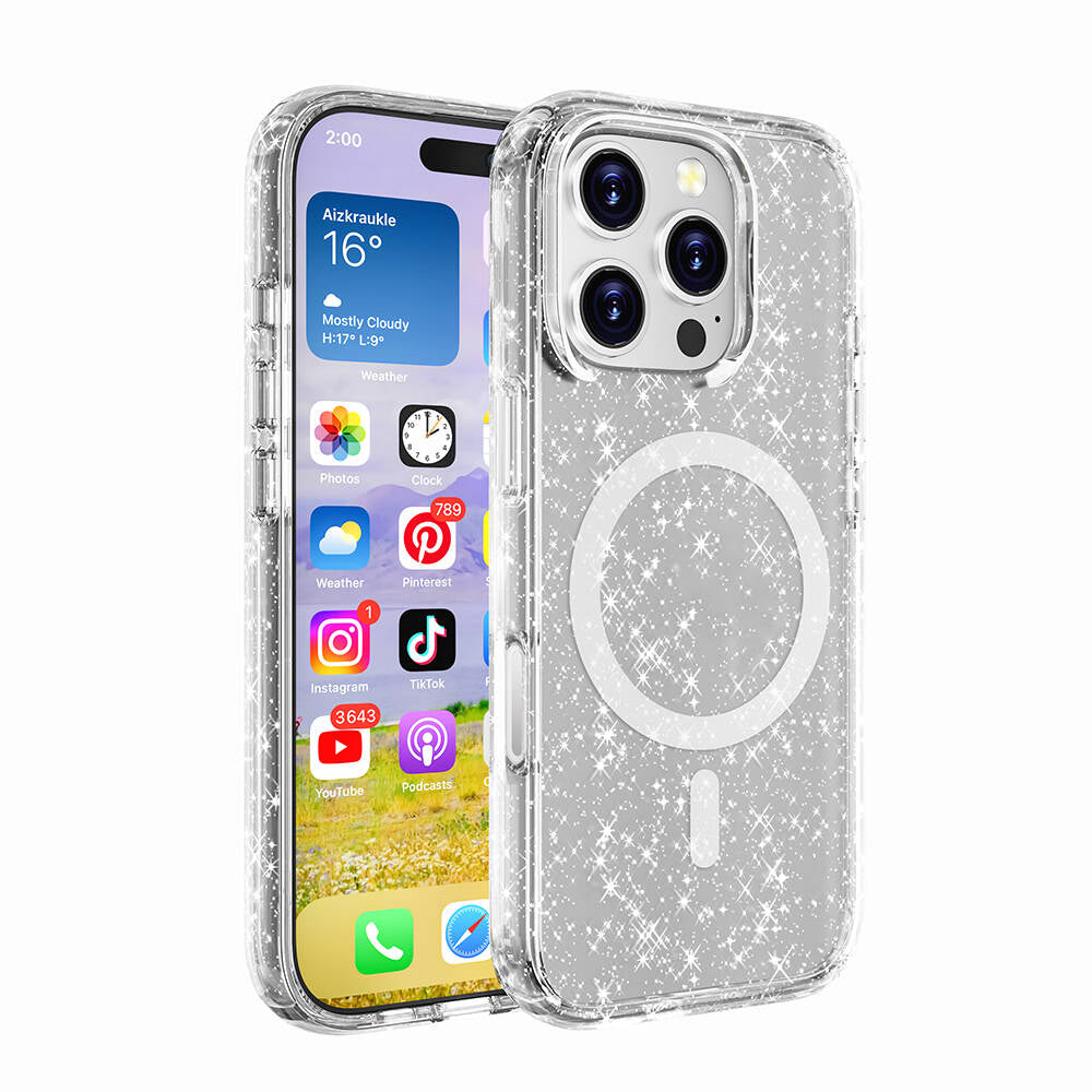 Apple iPhone 16 Pro Kılıf M-safe Şarj Özellikli Parlayan Simli Saydam Renkli Zore Allstar Kapak Şeffaf