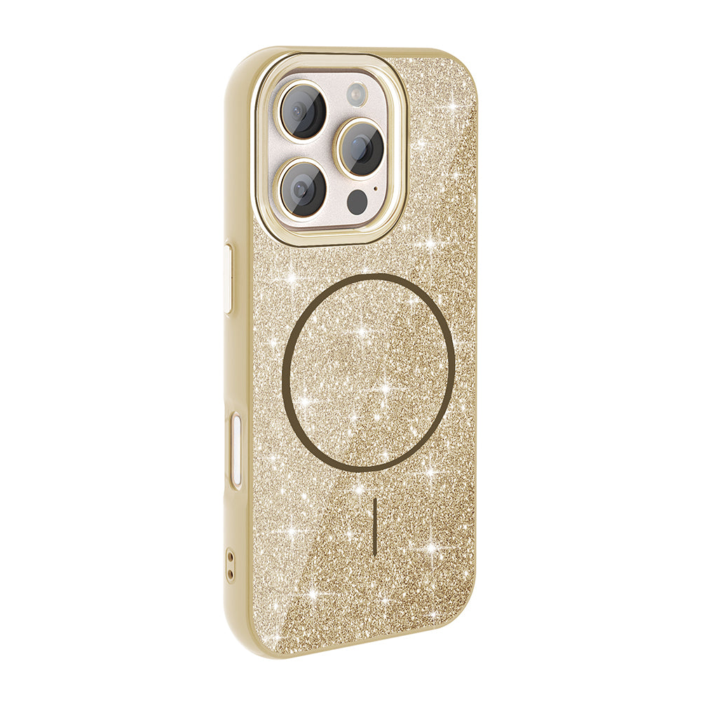 Apple iPhone 16 Pro Kılıf M-safe Şarj Özellikli Parlayan Simli Zore Okso Kapak Gold