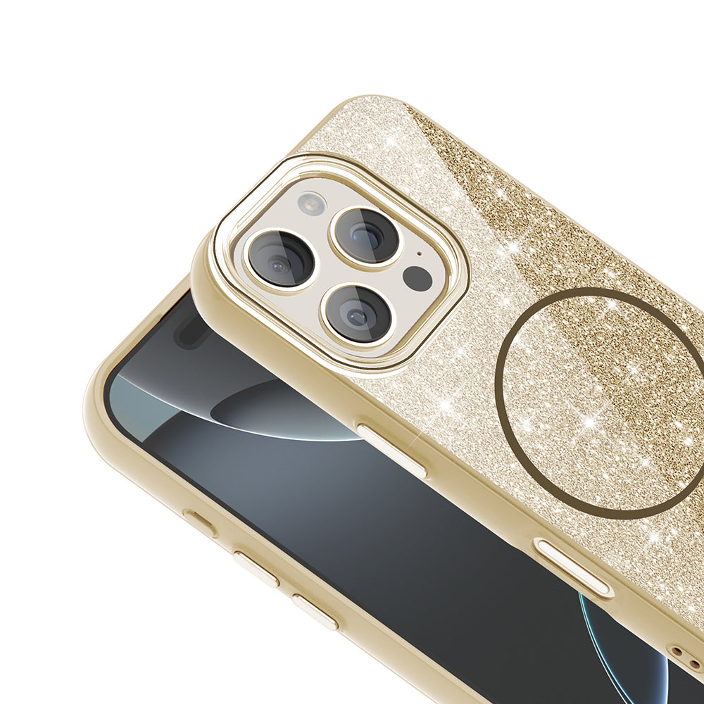 Apple iPhone 16 Pro Kılıf M-safe Şarj Özellikli Parlayan Simli Zore Okso Kapak Beyaz